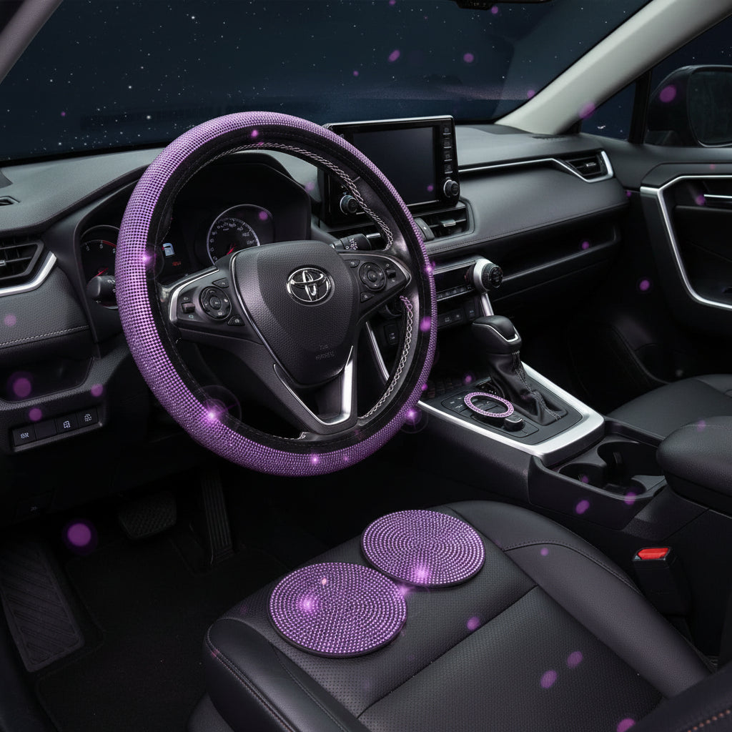 Light purple 7-Piece Car Interior Decoration Set – Crystal Rhinestone Steering Wheel Cover, Gear Shift Cover, Seat Belt Pads, Cup Coasters & Ignition Switch Cover